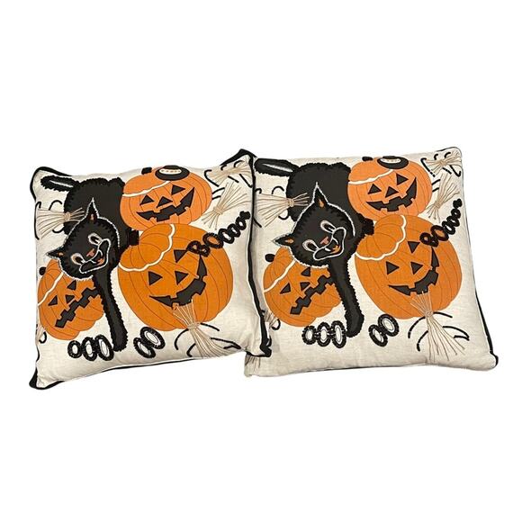 Nicole Miller Halloween Cat Pumpkin Accent Throw Pillows Set Embroidered Beaded - Picture 6 of 8